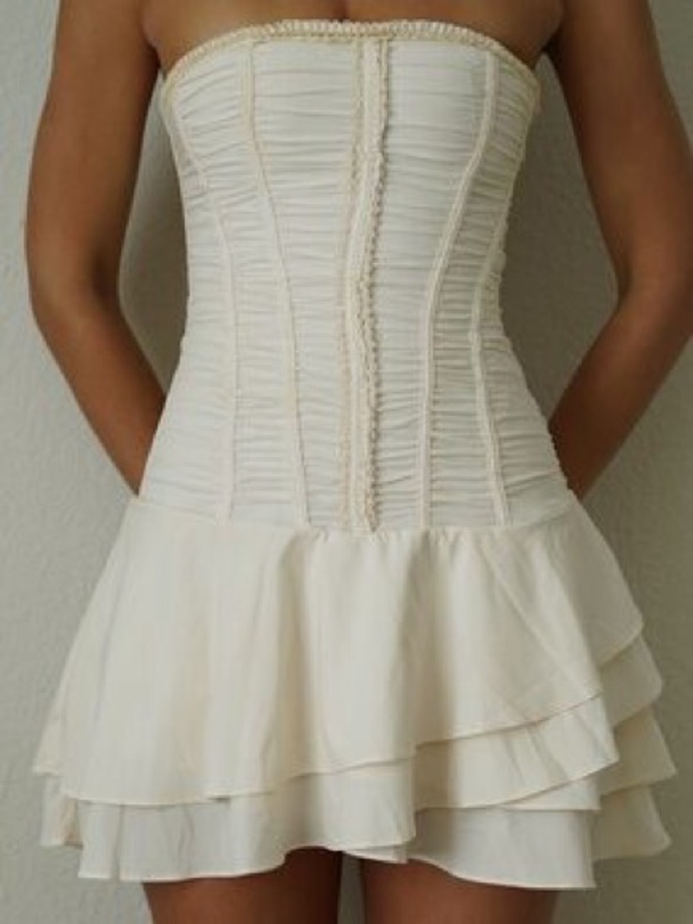 US 0 OhPolly Strapless Ruffled Corset Mini Dress in Cream